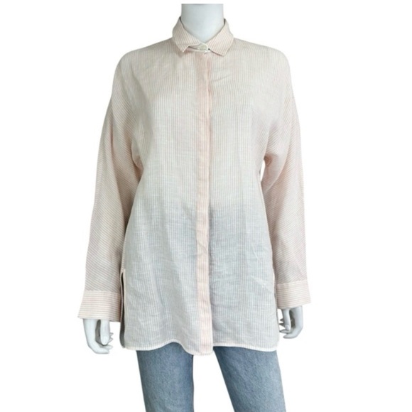 Lafayette 148 New York Pink White Striped Linen Button Down Tunic - Medium - Picture 1 of 6